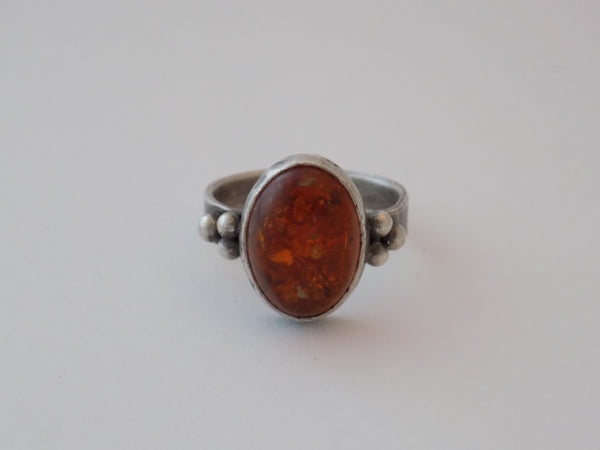 Sterling Silver and Amber Ring - Size 12.5