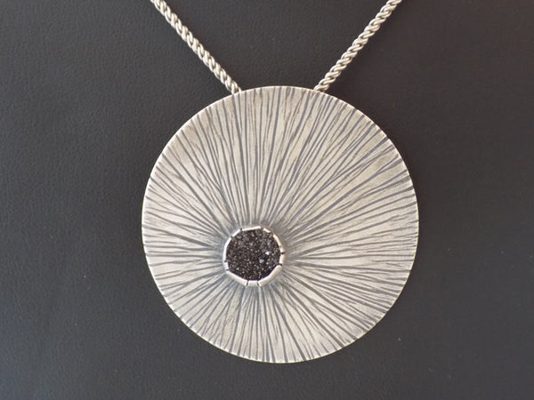 Sterling Silver Large Radiating Pendant with Black Druzy