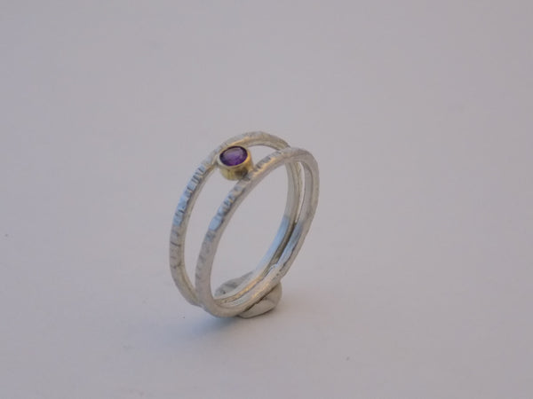 Sterling Silver Split Band Ring with 14K Gold and Gemstone