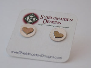 Sterling Silver and Antiqued Brass Hearts Stud Earrings