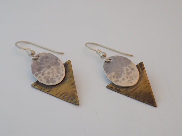 Sterling Silver Oval and Brass Triangle Earrings