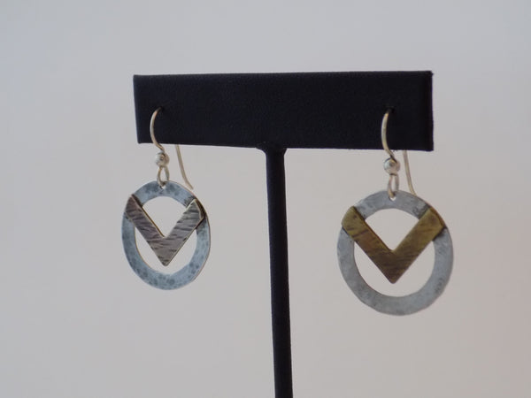 Sterling Silver Circle and Brass Chevron Earrings